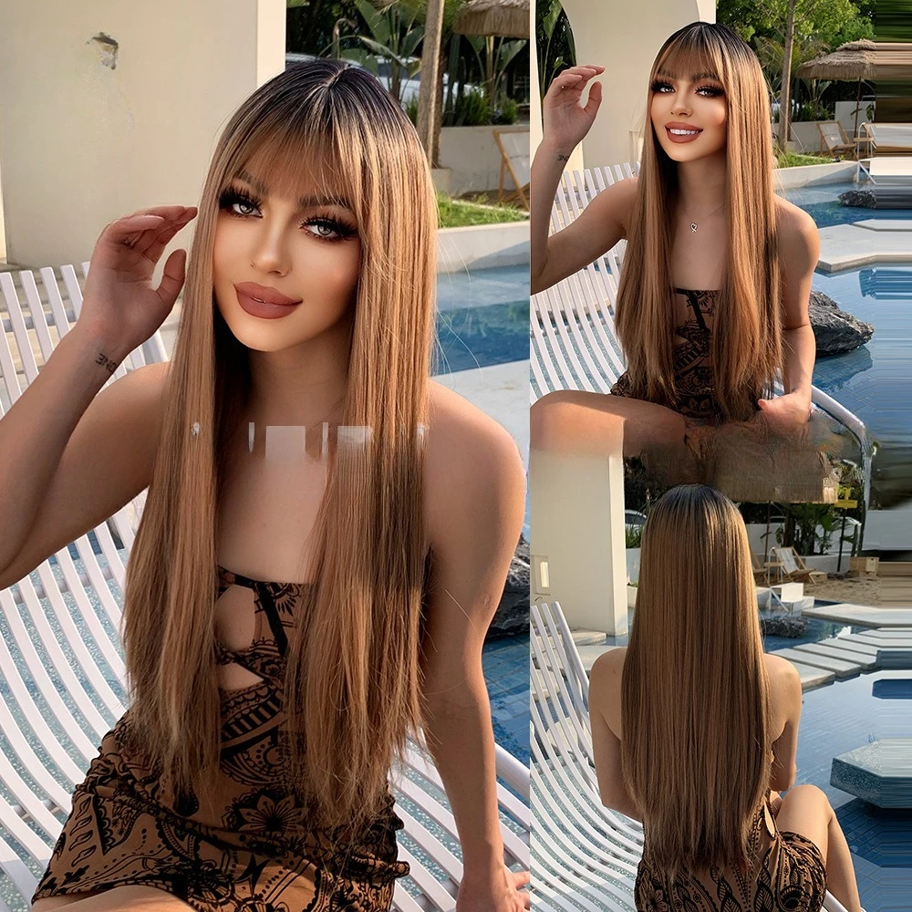 

Wig Qi bangs long straight hair European and American women's wig gradual change brown chemical fiber wig headgear
