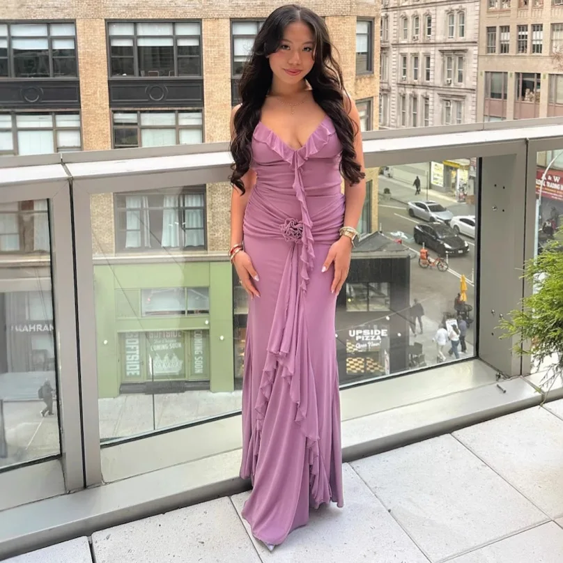 パープルホローアウトリボンイブニングドレス エレガントローカットバックレスラッフルホルタードレス レディースラップヒップ立体花柄ドレス