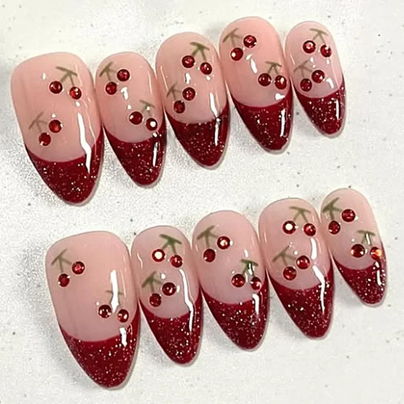 

Французские вишневые накладные ногти «Кошачий глаз» в форме миндаля, милый и стильный дизайн, многоразовые наклейки для накладных ногтей, долговечные, многоразовые накладные ногти для маникюра.