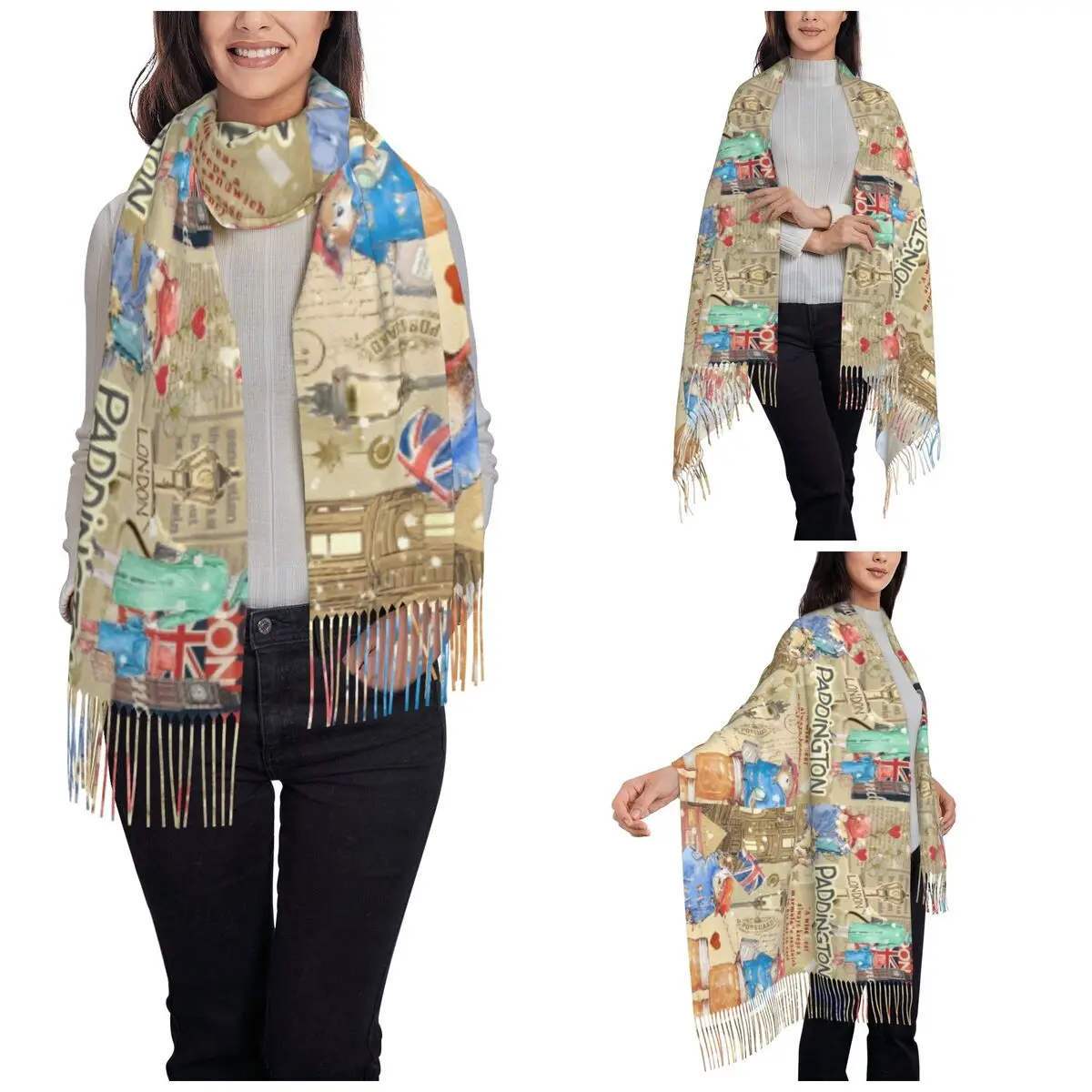 Womens Scarf with Tassel Britain Paddington Brown Bear Large Soft Warm Shawl and Wrap Cute Movie Cartoon Gifts Pashmina Scarves