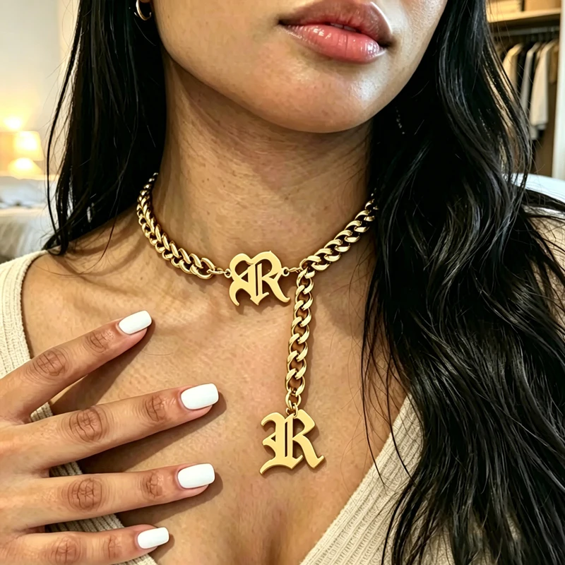 DUOYING Gothic Initial Letter Drop Choker Necklace Gold Plated Thick Cuban Link Chain Old English for Women Custom Jewelry Gif