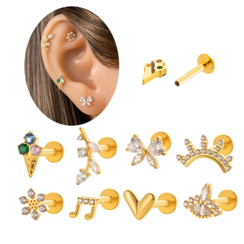 

1PC ASTM F136 Titanium Flower Leaf Zircon Earrings Stud Internal Thread Ear Lip Tragus Helix Cartilage Labret Piercing Jewelry