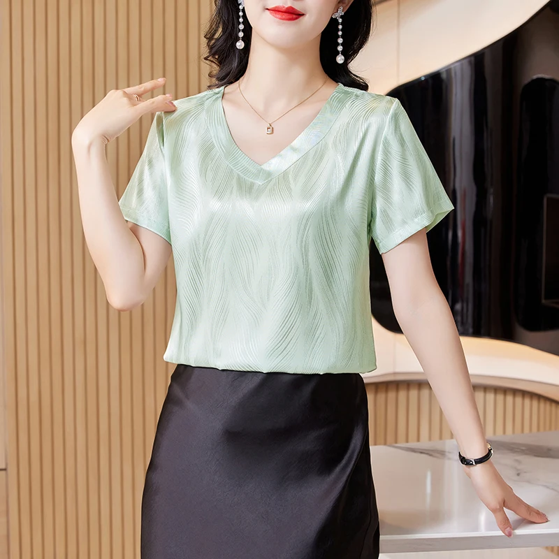 2024 브이넥 반팔 블라우스, 실크 새틴 블라우스, 한국 패션, 여름 신상