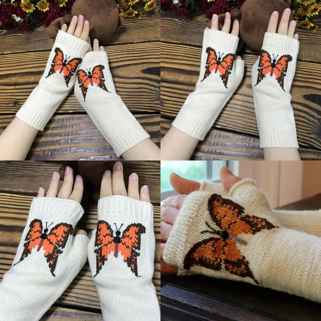 Q5WE Knit Glove Half Finger Mitten Stretchy Embroidery Butterfly Pattern Ski Glove