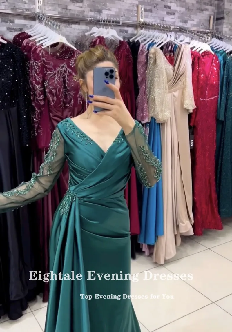 Eightale Emerald Green Evening Dress for Wedding Party Long Sleeves V-Neck Satin Beaded Mermaid Celebrity Formal Prom Gowns