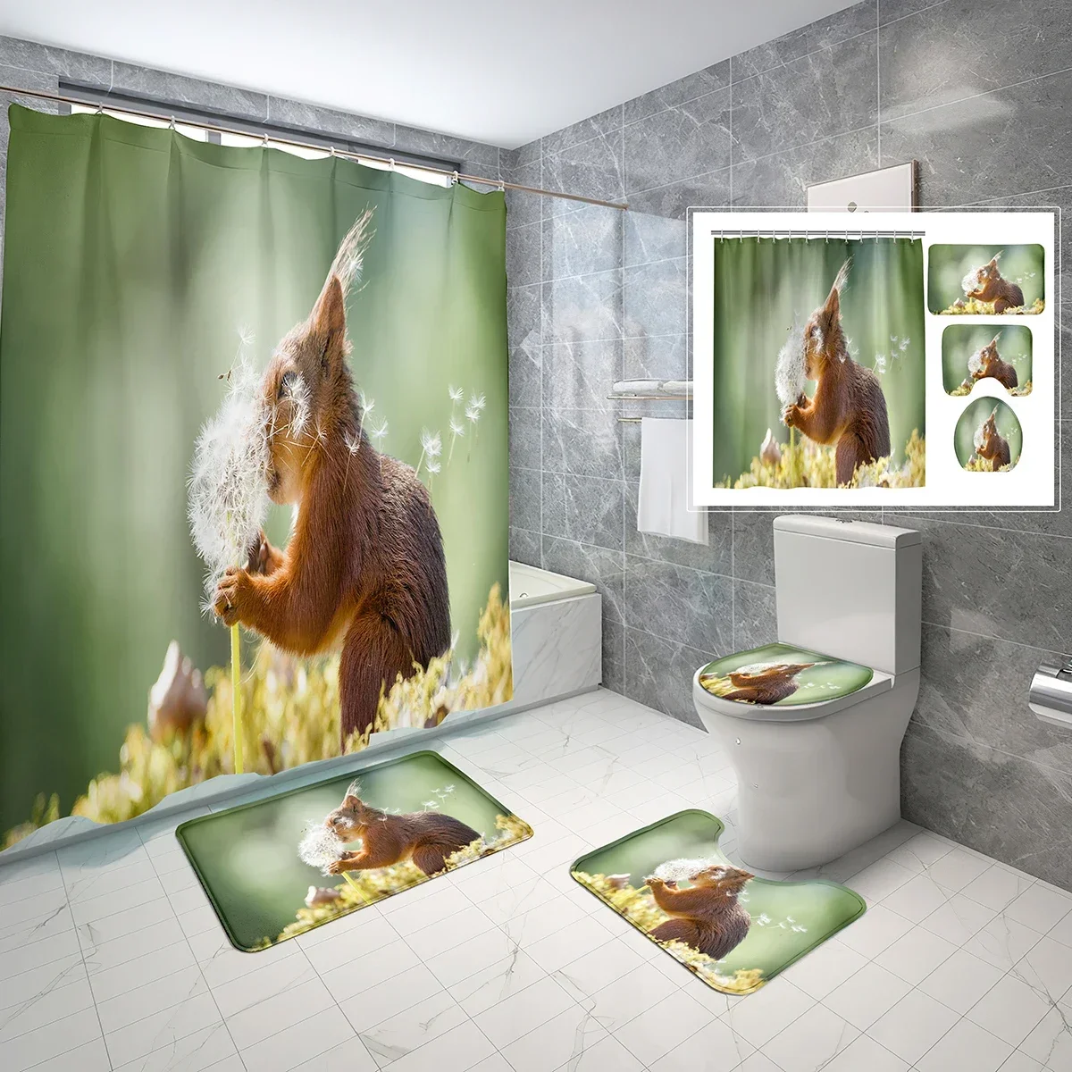 4 PCS Forest Wildlife Shower Curtain Sets,Nature Animals Tiger Plants Waterproof Bath Curtain,Non-Slip Bath Mat Toilet Cover Set