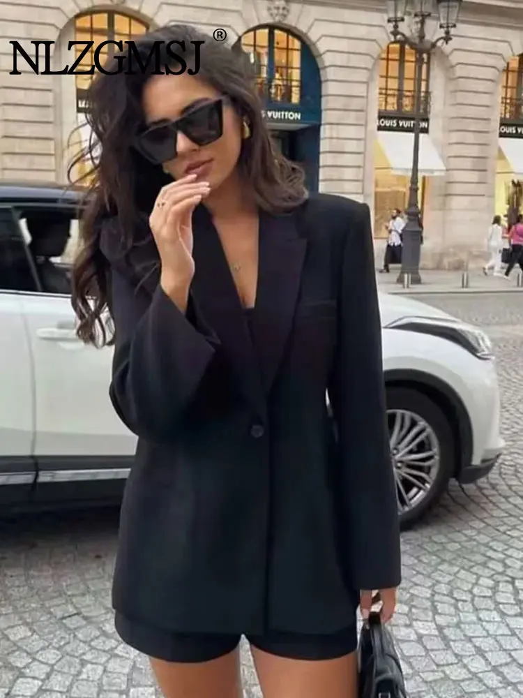 Nlzgmsj TRAF Women Black Blazer Lapel Long Sleeve Loose Fit Jacket Tide Spring Autumn Jacket 2023 Coat Women