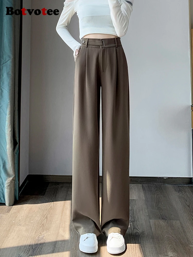 Botvotee Coffee Burgundy Suits Pants Women Elastic Band Office Lady Elegant High Waist Wide Leg Fashion Trousers with Pockets