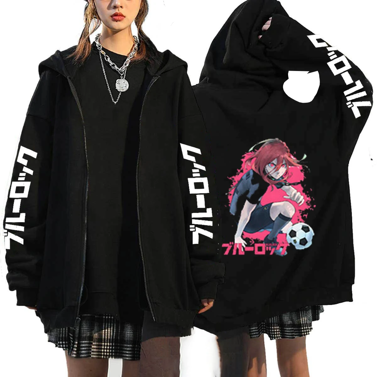 Harajuku Anime Blue Lock Isagi Yoichi Printed Zipper Hoodies For Men Women Fall Winter Fleece Sweatshirt Male Zip Up Jacket Coat