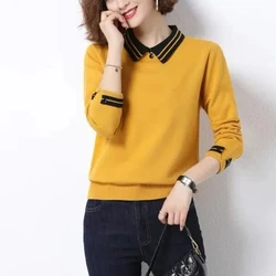 Peter Pan Collar Contrast Color Knitted Sweater Button Pullover Long Sleeve Women's Clothing Trendy Elegant Autumn Winter Tops