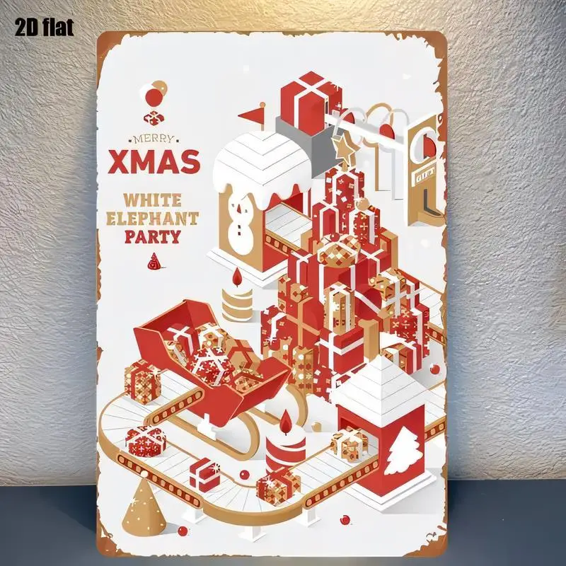 2D Flat Merry Xmas White Elephant Party Vintage Metal Tin Sign - Red & Gold Snowman Gifts Design, Iron Wall Art for Christmas Pa
