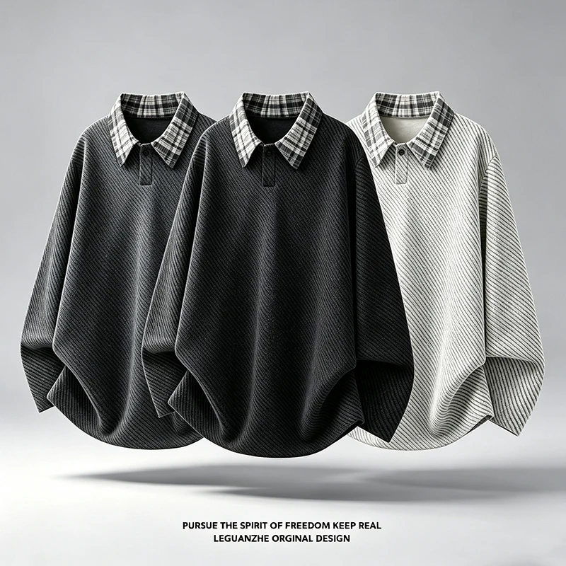Herren-Polohemd mit Karomuster am Kragen, langärmelig, für den Herbst, aus strukturierter Strickware, lockere Passform, lässiges Oberteil, Kontrastkragen, ideal für den täglichen Gebrauch, Pullover. – Detail 3