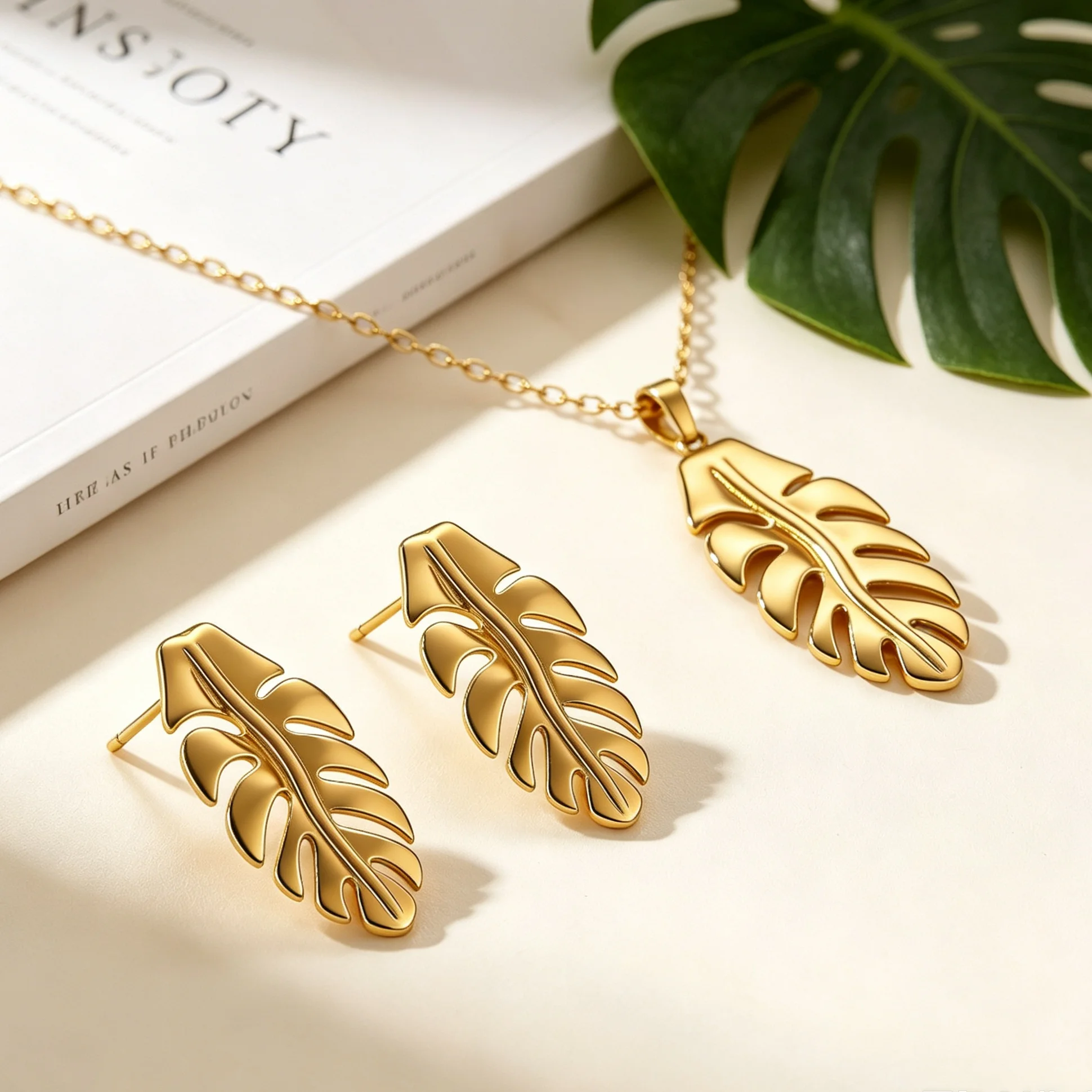 1Set Hollow Monstera Leaf 2Pcs Jewelry Set, Tropical Leaf Necklace Stud Earrings For Women Beach Vacation Wear