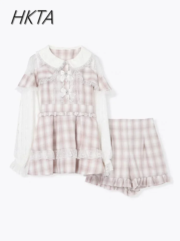 Japanese Dress Set Women Autumn New Sweet Lolita Mine Style Mesh Plaid Splicing Fake Two-piece Shirt Dress Shorts Two Pieces Set