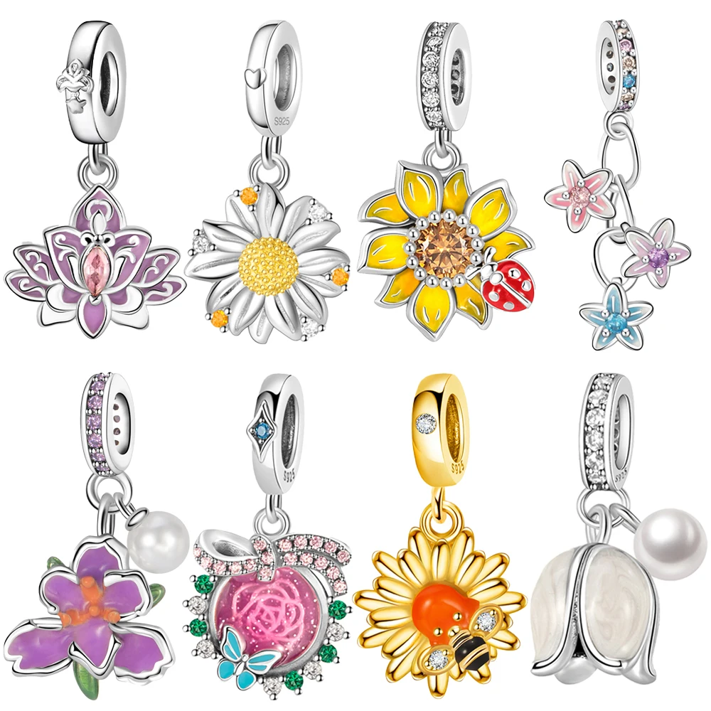 2025 Original Flower Series Silver Plated Lily of the Valley,Lotus,Iris Dangle Charm Fit Pan Bracelet for Women DIY Jewelry Gift