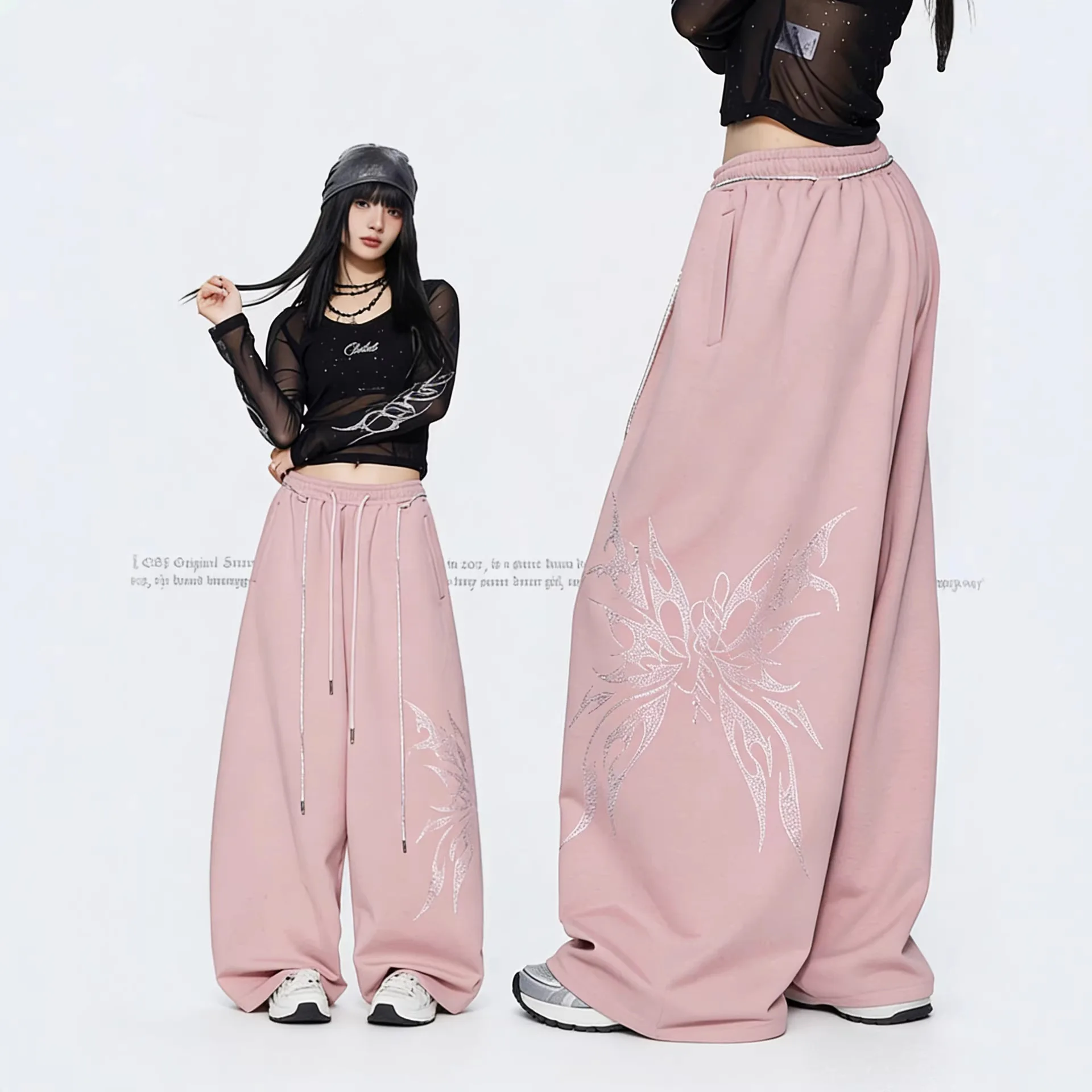 Y2K Gothic Butterfly Print Wide Leg Pants Women Baggy High Waist Drawstring Streetwear Trousers