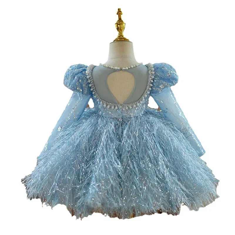 Customized Princess Ball Gown Dress Kids Diamond Backless Flowers Girls Dresses for Weddings Sequin Birthday Party Evening Dress