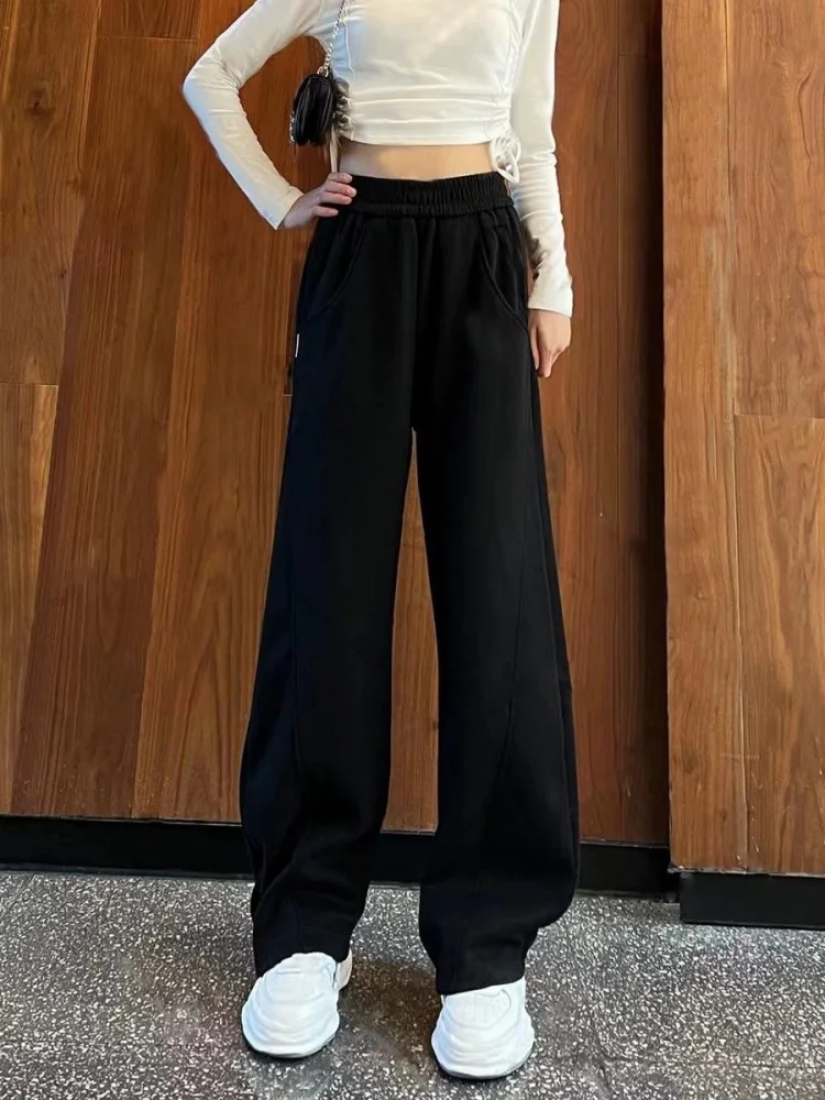 Black Sporty Wide Leg Pants Women's Spring Autumn New Style Straight Cut American Casual Long Trousers Commute Wind High Waist