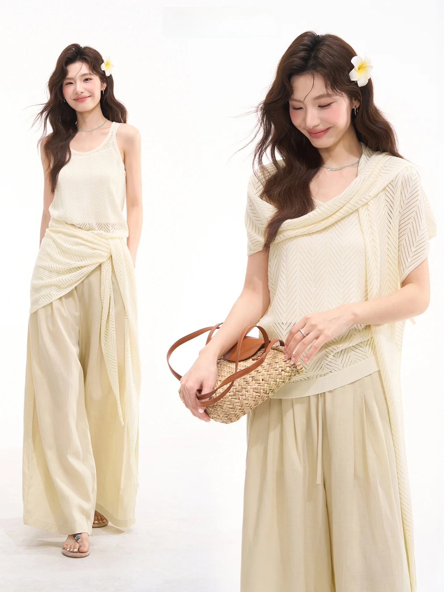 

Вязаный ажурный жилет и шаль в комплекте из двух предметов: женский летний топ в простом стиле с коротким рукавом из цветной нейлоновой ткани