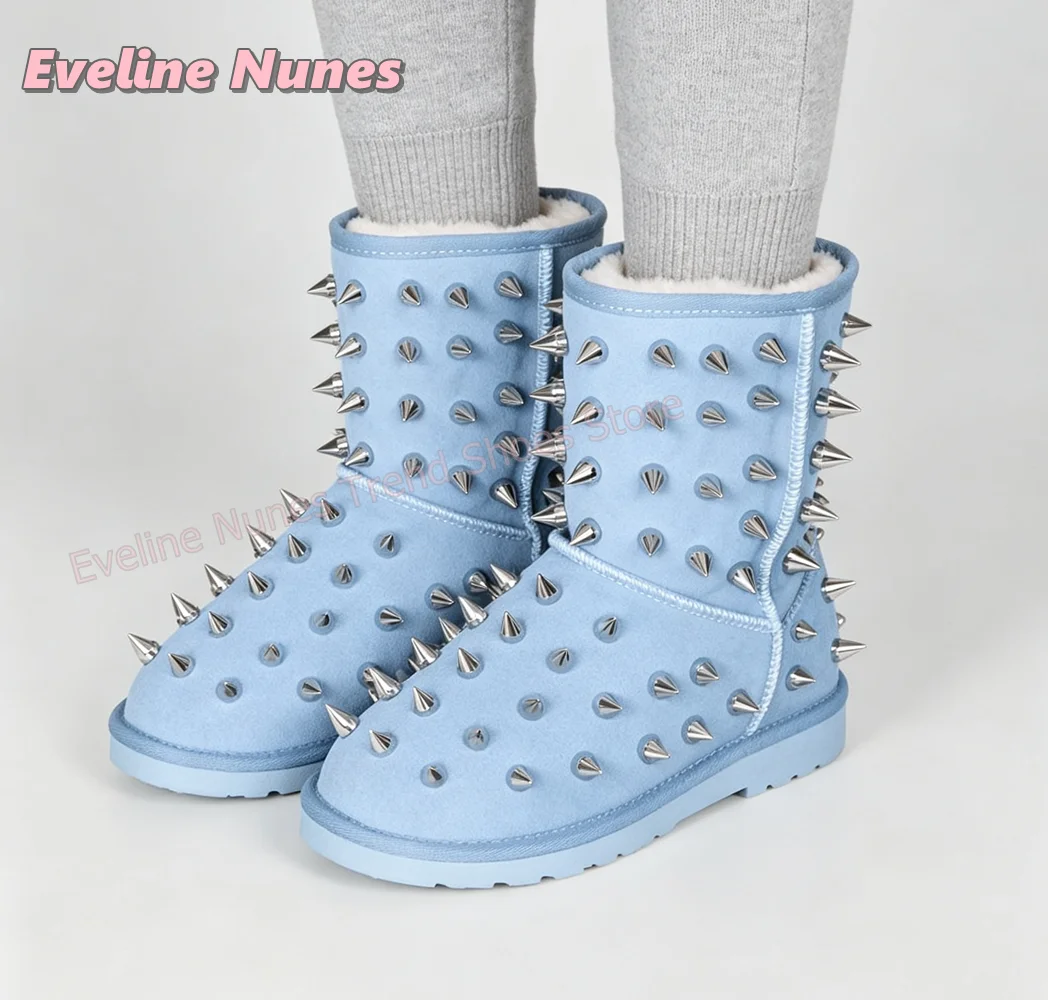 Black Rivet Spike Punk Snow Boots Women Fashion Cool Mid Calf Boot Winter 2026 Trend Round Toe Flat with Solid Pull On shoes new