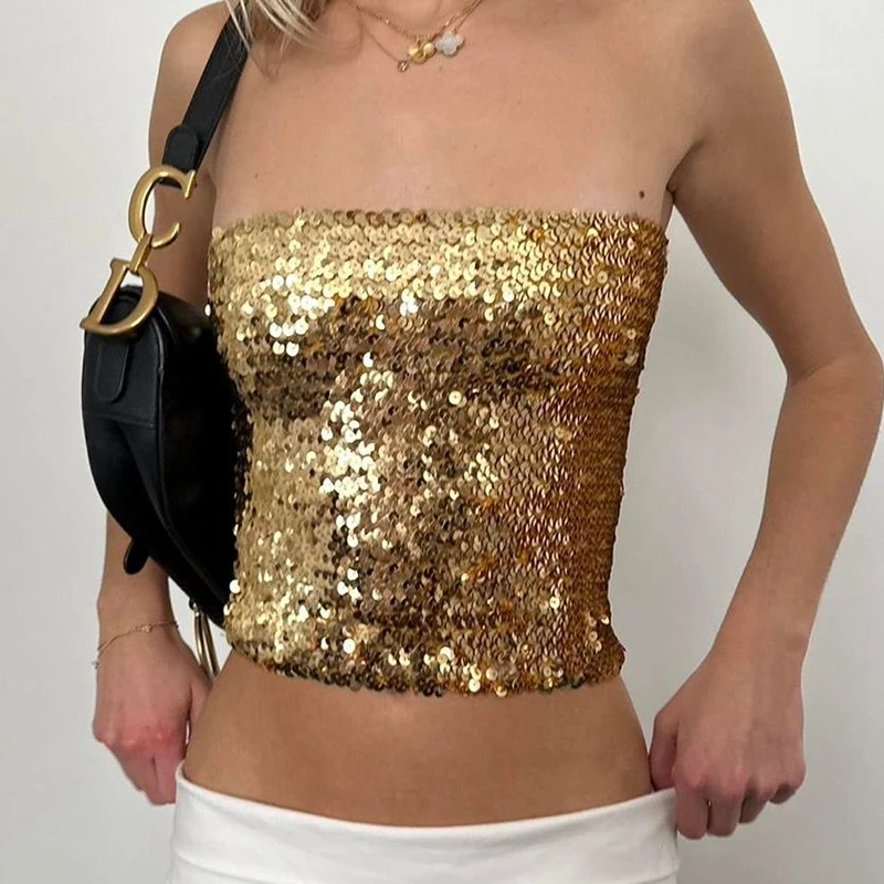 Débardeur de luxe à paillettes scintillantes, col en V, chemise sans manches brillante, gilet pour femmes, haut court ajusté, vêtements de Festival Rave
