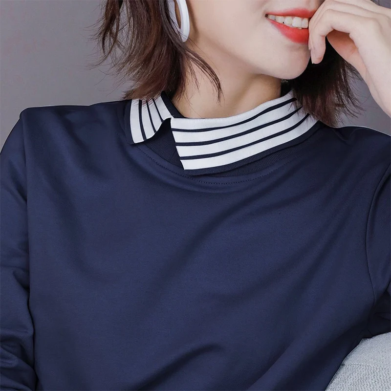 Spring Autumn Striped Patchwork Loose Casual Sweatshirt Women Long Sleeve Simple All-match Jumper Lady Krean Style Pullover Top