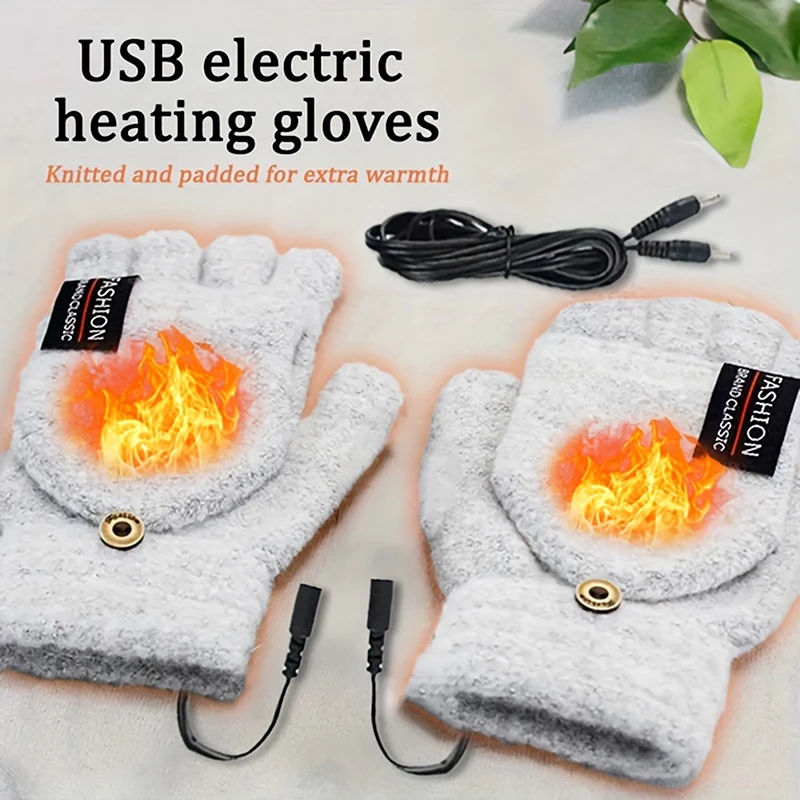 USB Gloves Knitted Half-finger Flip Gloves Electric Heating Warm Gloves Charging Gloves Double-sided Heating Electric Heating