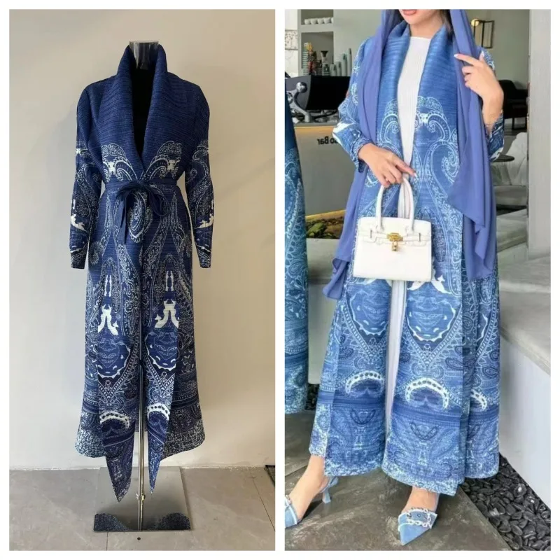 2024 Autumn New Abaya Women's Cloak Jacket Blue Printed Long Sleeved Dress Cardigan Robe