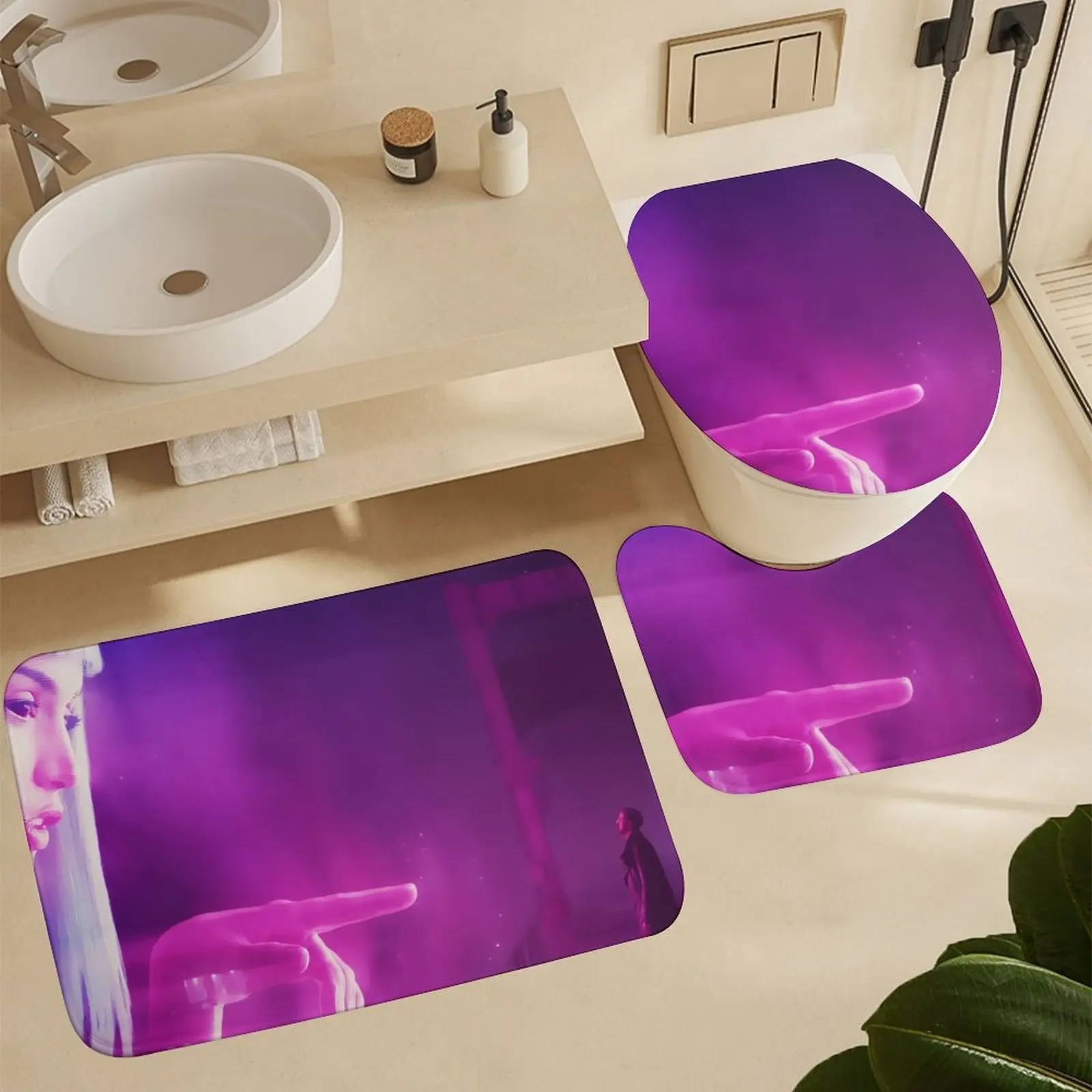 Set of 4 Printed Shower Curtain Decoration Bathroom Waterproof Cover Screen Cushion Toilet Cover