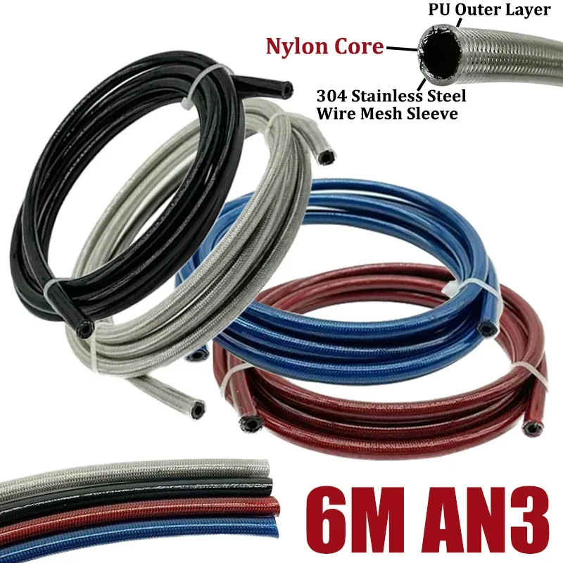 

6M/19.69ft AN3 Motorcycle Braided Stainless Steel Nylon Brake Line Hose FLUID HYDRAULIC Hose Brake Line Gas Oil Fuel Tube Pipe