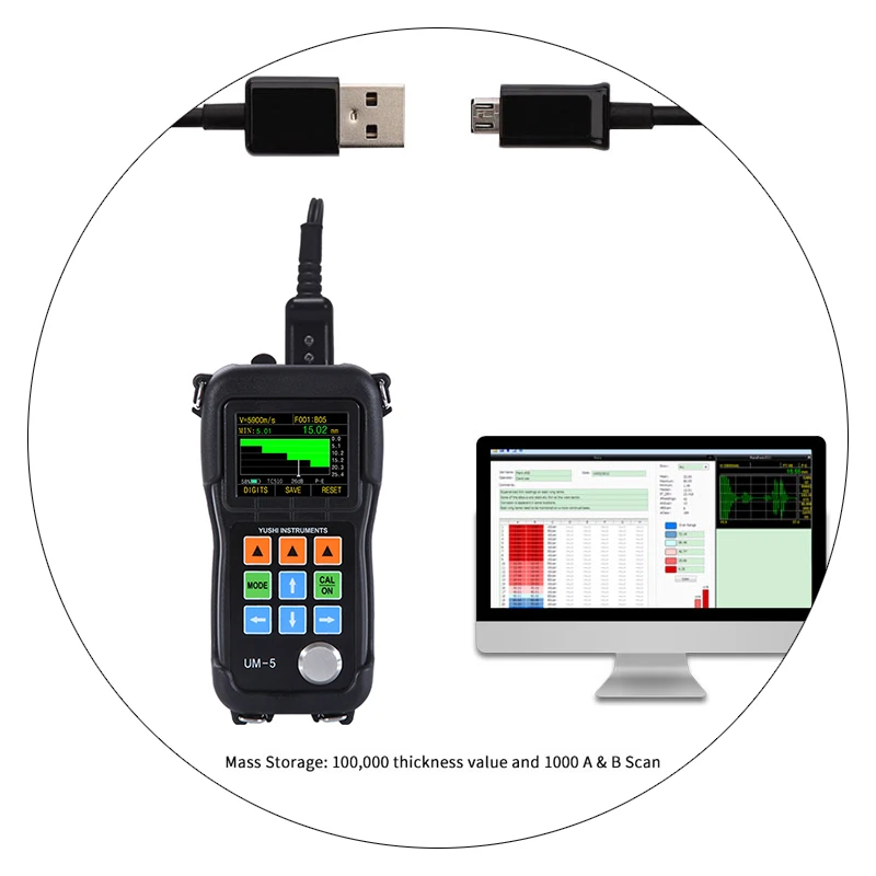 

USB Data Storage YUSHI NDT UT Thru-Coating Ultrasonic Thickness Gauge UM5-DL with Color B-scan Live A-scan Waveform Adjust