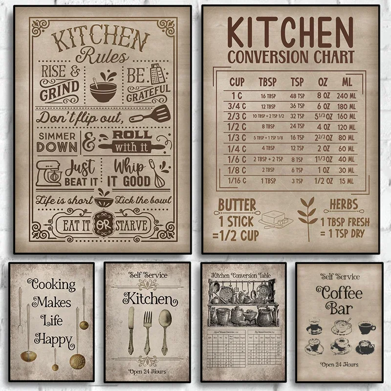 Póster con tabla de conversión de reglas de cocina, pintura en lienzo vintage de utensilios de cocina para decoración del hogar y comedor