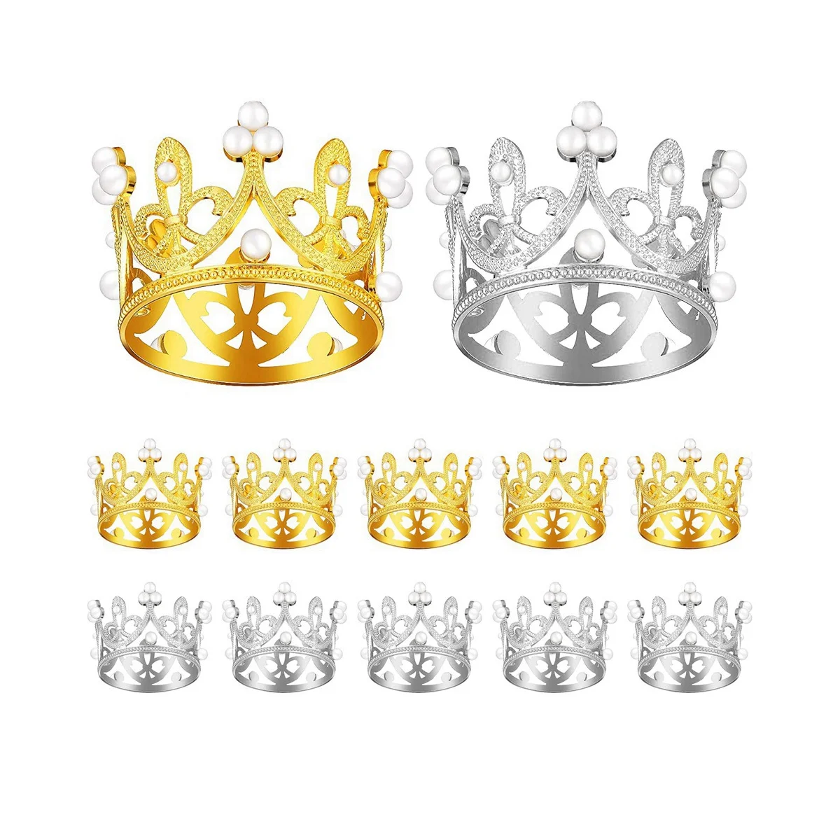 Décoration de gâteau d'anniversaire en or et argent, mini couronne, décor de perle, petite pièce de sauna de princesse, décoration de gâteau de bébé, 12 pièces