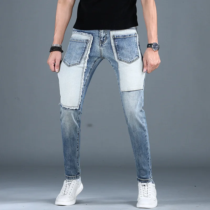 Jeans slim fit com costura em retalho masculino, amarrado no tornozelo, na moda, rua de alto nível, estilo locomotiva, calça casual, moda, novo, 2022