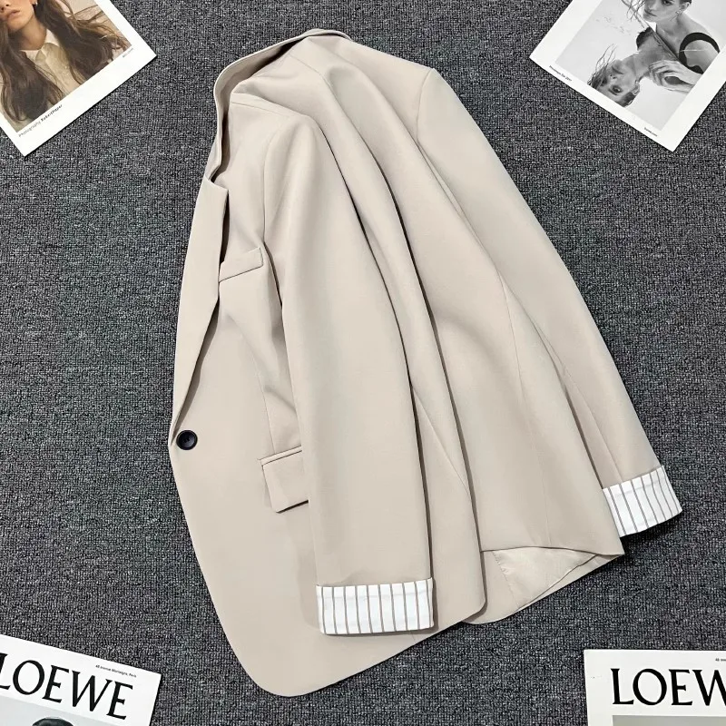 

Beige Suit Jacket for Women, Spring and Autumn 2025 New Design, Striped Sleeves, Korean Version Versatile Casual Simple Suit