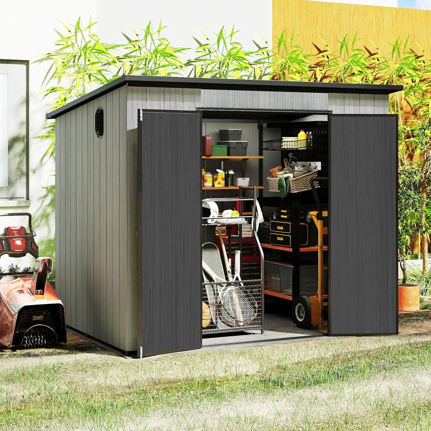 

6x8FT Resin Storage Shed Windows Vents Plastic Lockable Doors Sloping Roof Garden Backyard Grey Customized