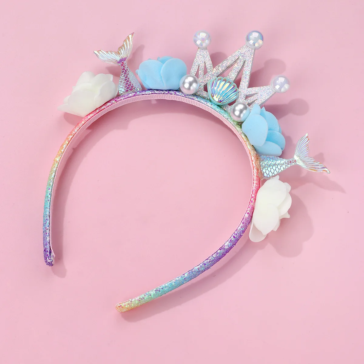 Ocean-Themed Glitter Headband, Featuring Glittery Ocean Elements Paired with Pearl Decorations, Crown Flower Mermaid Headband, with a Dreamy and Exquisite Design, Suitable for Beach-Themed Parties, Dress-Up Occasions, and More, with a Sweet Style