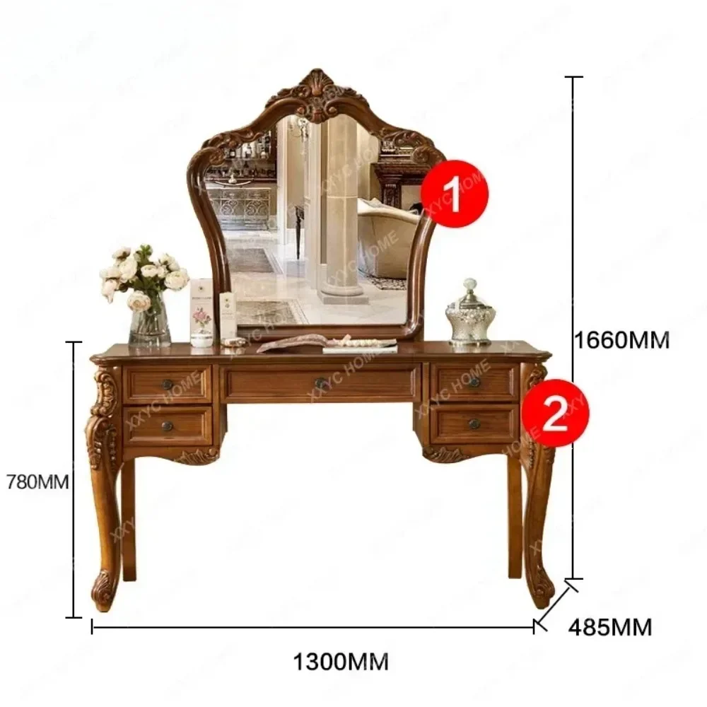 2024 American Dressing Table Bedroom Vintage Upscale Makeup Table European Solid Wood Carved Dresser Makeup Mirror Combination