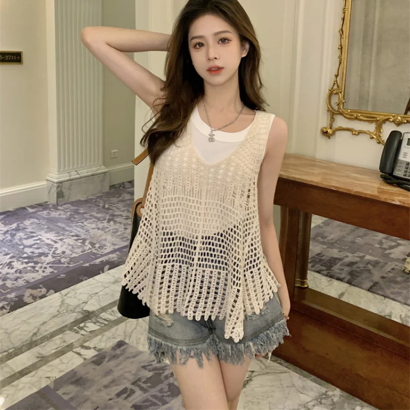 Bohemian Style Camisole Outer Wear Women'S Knitwear Summer Super Hot Hollow Sleeveless Bandage Dress Top Design Sense