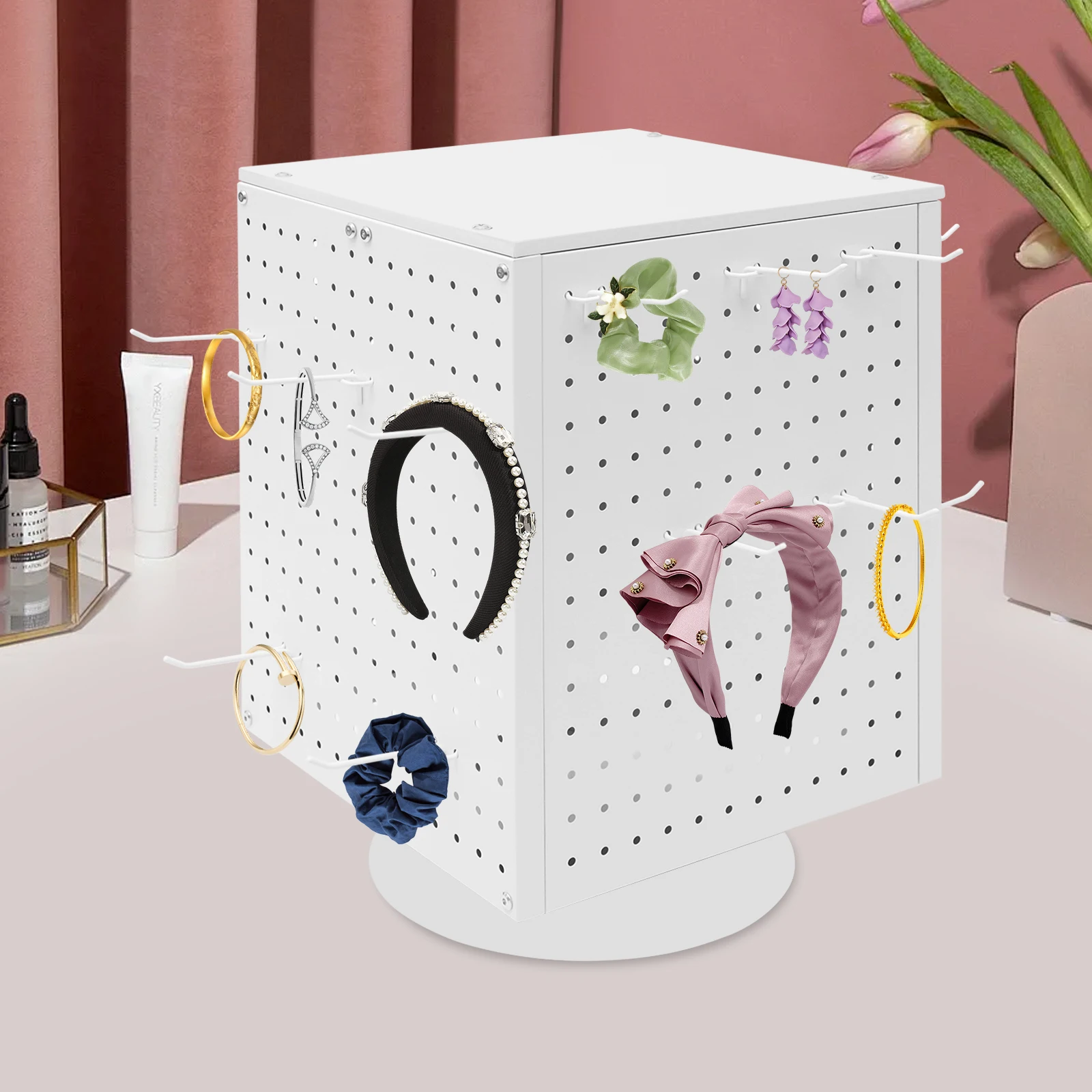 

360 ° Вращающаяся витрина, 4-сторонняя квадратная витрина из перфорированной доски с 20 крючками, настенная витрина