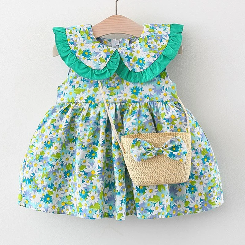 New In 2Piece Sets Summer Baby Girl Clothes Korean Cute Flowers Doll Collar Sleeveless Princess Dress+Bag Toddler Dresses BC014