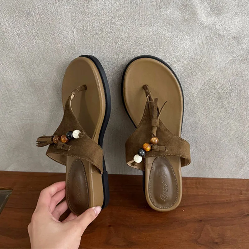 

BOMENDUI 2026 Новые летние женские шлепанцы с кисточками в богемном стиле, модные сандалии без застежек, мягкие, на плоской подошве, для пляжа и повседневной носки