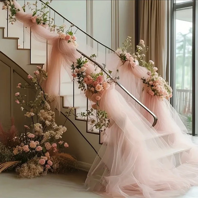 أنيقة عارية الوردي تول النسيج الباب Lintel Deocraiton رومانسية الزفاف خلفية المظلة الحدث مادة الحفلات Diy بها بنفسك الملابس الأقمشة