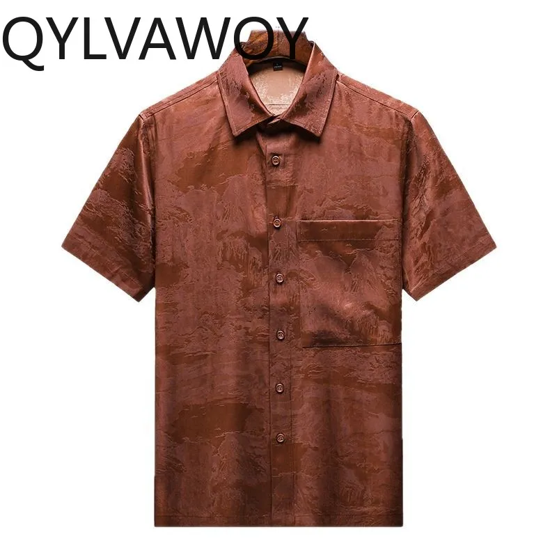 QYLVAWOY High-end Men's Shirts 100% Real Mulberry Silk Shirts Summer Tops Short Sleeve Shirts for Men Chinese Style Ropa Hombre