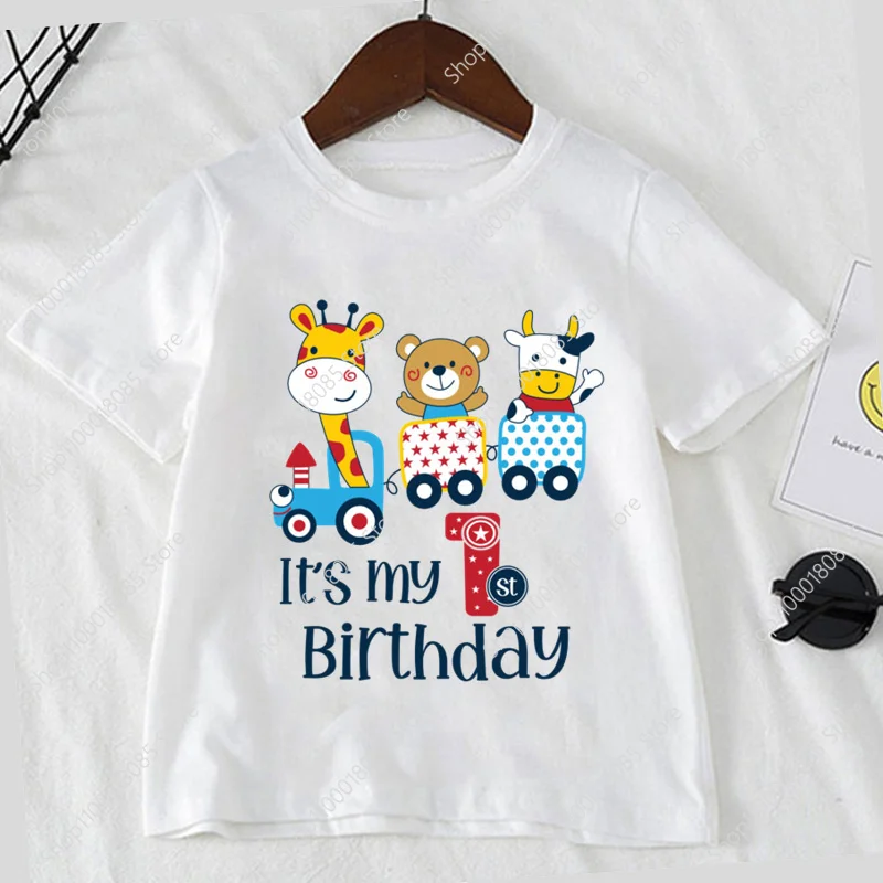 

Train Deer Bear Theme Birthday T-shirt for Boys and Girls Birthday Digital Party Decoration Shirt Gift