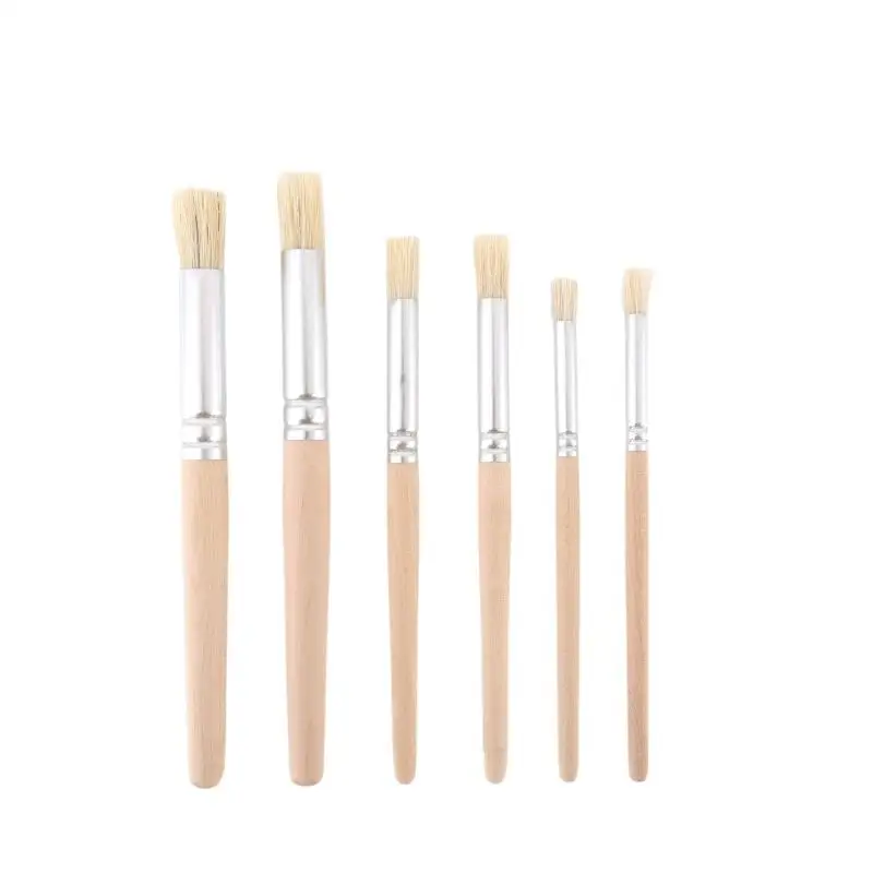 6Pcs Hard Hair Pig Bristle Oil Paint Brush Set Round Head Wooden Handle Pier Pen Artist Cleaning Brushes