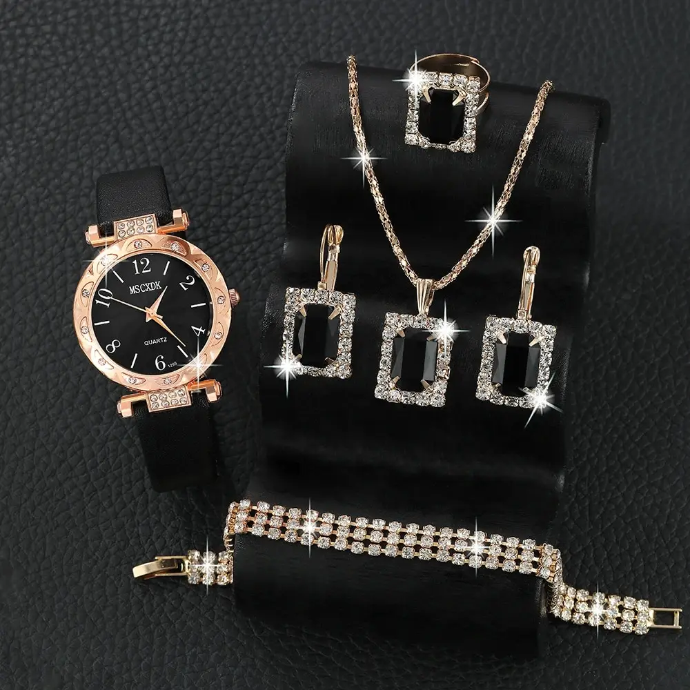 Ladies Simple Rhinestone Watches Casual Leather Quartz Wristwatches and Luxury Square Zircon Women Jewelry Accessories Set Gift