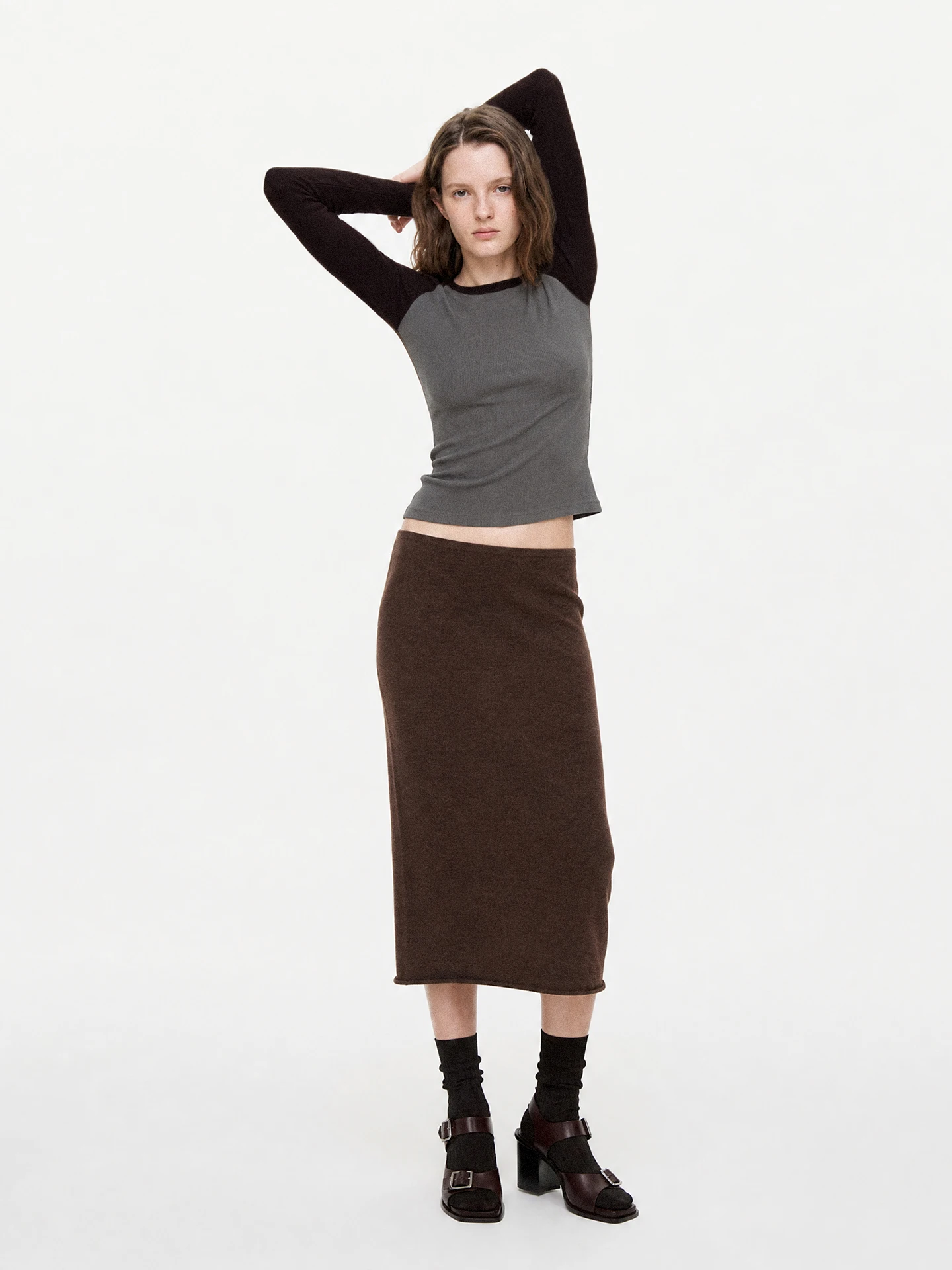 TDDP Vintage Color Block Long Sleeve Slim Fit Short T-Shirt Women's Fashion Casual Style Shoulder Insert Design Cotton Blend Top