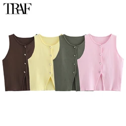 TRAF Pink Knit Sleeveless Vest Women Cropped Sweater Vest Top Women Yellow Button Vests for Women Streetwear Waistcoat Knitwears