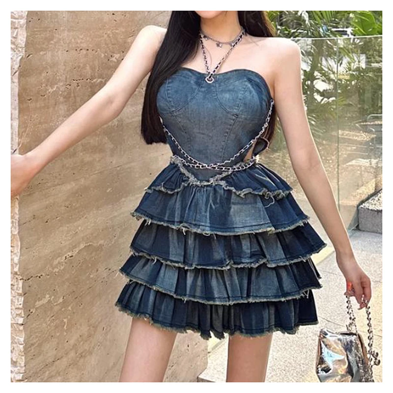 

Spicy girl strapless denim dress for women in summer sexy waist revealing slimming skirt design cake short skirt